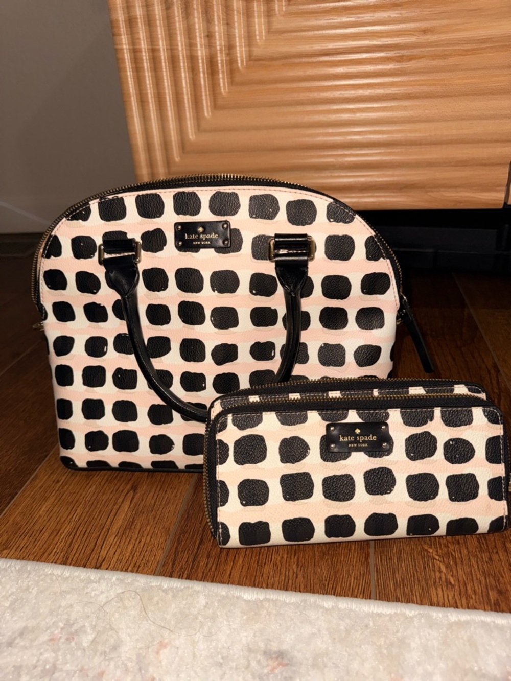 kate spade Pink and Black Polka Dot Dome Satchel with Wallet Set